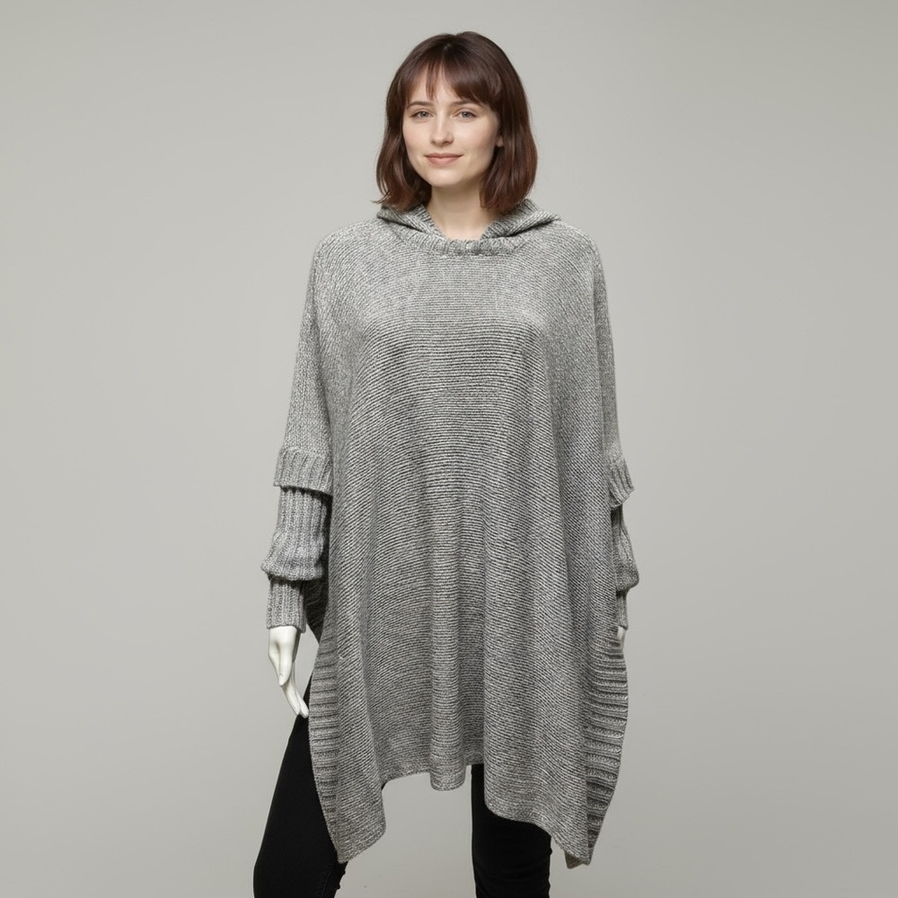 Beacon Cove Gray Knit Long Sleeve Hoodie Long Line Cape Oversized Size S